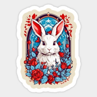 Cute White Rabbit roses flowers retro vintage design Sticker